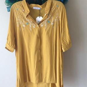 Yellow Floral Embroidered Short Sleeve Button Top